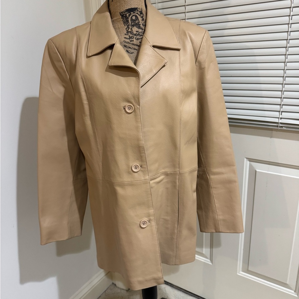 Jessica Tan Leather wide shoulders Jacket Classic Style size Large